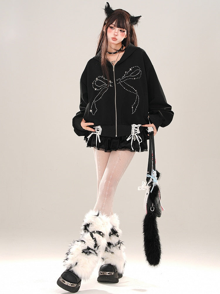 Black Rhinestone Bow Lace-up Detail Zip Hoodie