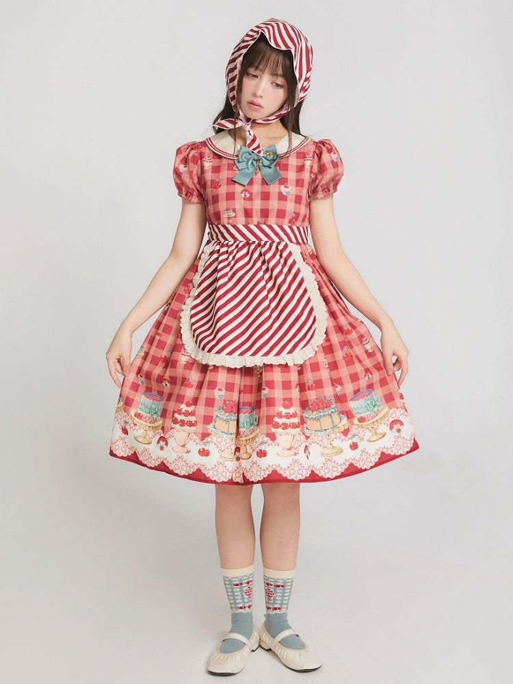 Rotes, hoch tailliertes Lolita-Kleid mit Kirsch- und Dessert-Gingham-Muster