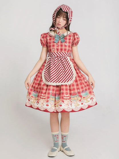 Rotes, hoch tailliertes Lolita-Kleid mit Kirsch- und Dessert-Gingham-Muster