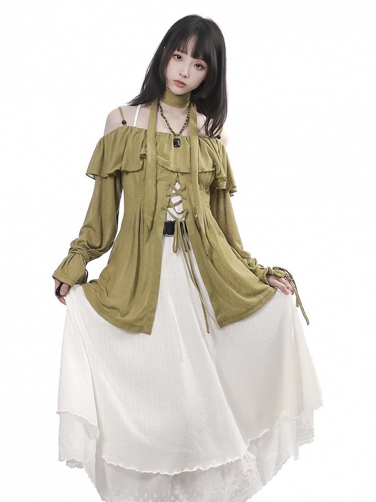 Ruffled Off-Shoulder Knit Top with Neck Scarf in Green - PINK SAVIOR