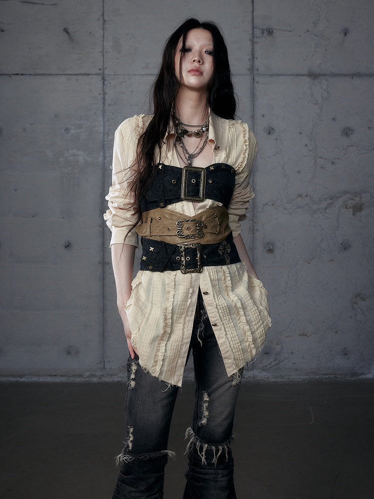 Punk Rococo Yellow Three-Strap Cross Metal Buckles with Black Embroidery Bustier