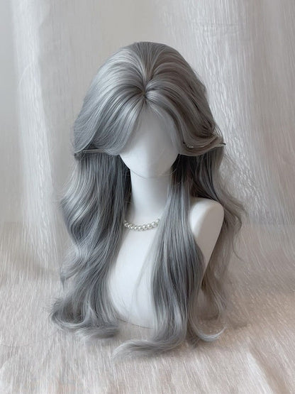 Gray 65cm Curtain Bangs Long Wavy Wig - Sleepy Fish