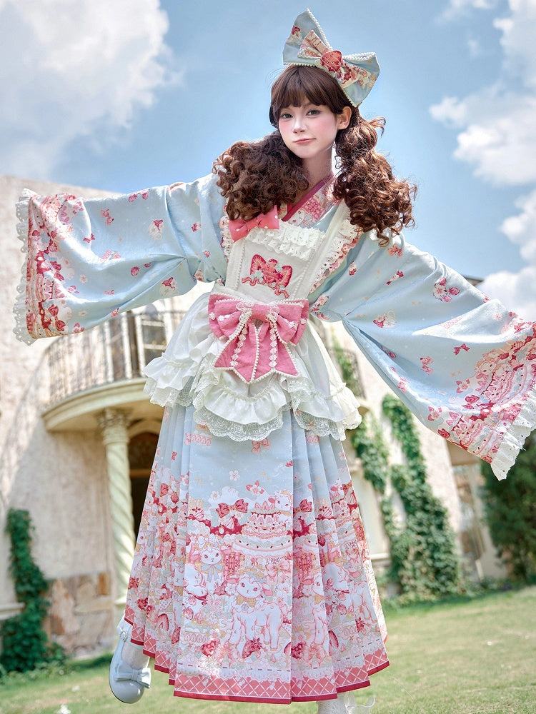 Blue Mamian Skirt with Han Elements and Sheep Tea Party Print Design - San Sheng Du