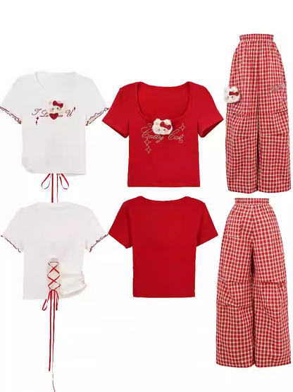 レースアップバック プラッシュキティ レタスヘム ホワイト Tシャツ