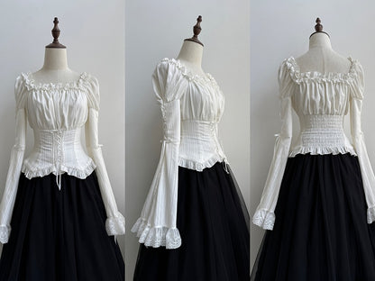 White Bell Ruffle Blouse Long Elastic Neckline Trimmed Sleeves