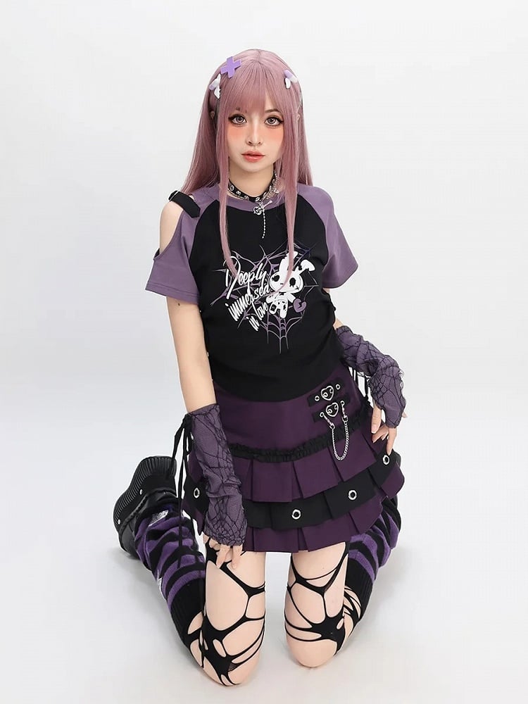 レッド/ピンク/パープルのTシャツプリントスリーブ付きY2Kカットアウトショルダースパイダーウェブ