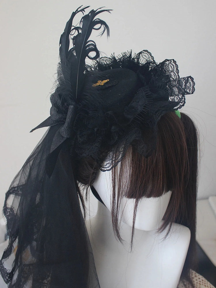 Hat with Black / Veil Mini Lolita White Flat