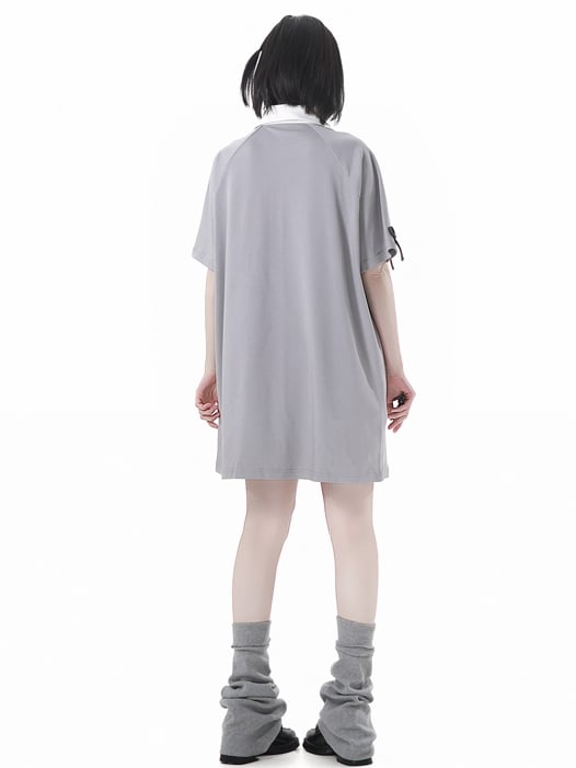 and Neckline Star Gray Lace-up Applique Bunny Dress Loose