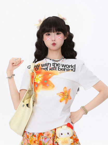 Print with White Kawaii T-shirt Daily Floral Round Neck