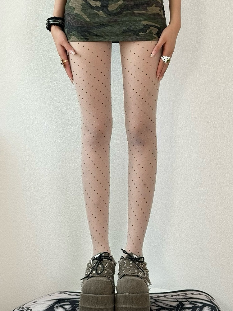 Strumpfhose mit gepunktetem Rautenmuster in Grau/Weiß/Braun