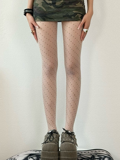 Strumpfhose mit gepunktetem Rautenmuster in Grau/Weiß/Braun