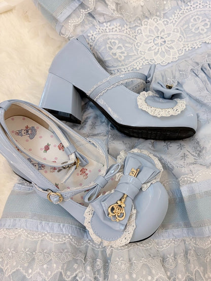5 Colors Silk Shimmer Lolita Shoes 5cm Heel with Lace Trim Bow and Gold Key Details - Guligul