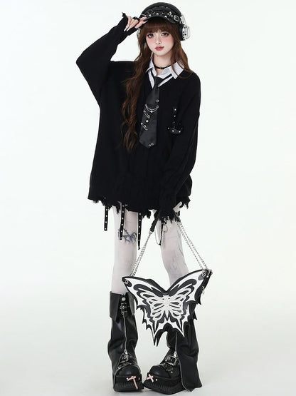 ディストレストリムフェイクツーピースプレッピーセーター（フリータイ付き）