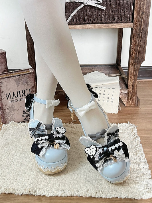 Kawaii Lolita Black & Blue Round Toe Platform Shoes with Rabbit Ear Detail - Cheese Mango