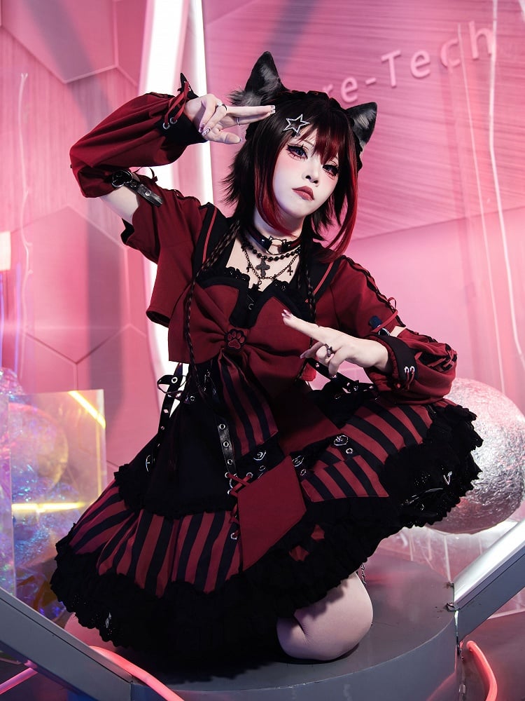 JSK Collar and Ears Red Dress Gothic Sailor Striped Pattern Big + Kitty Bow Top Lolita Black Cropped