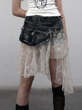 Punk Belt Distressed Adjustable with Hem Blue Denim Lace Asymmetric Skirt