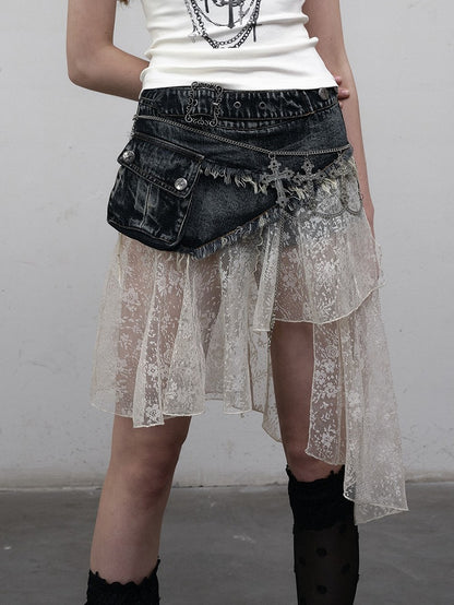 Punk Belt Distressed Adjustable with Hem Blue Denim Lace Asymmetric Skirt