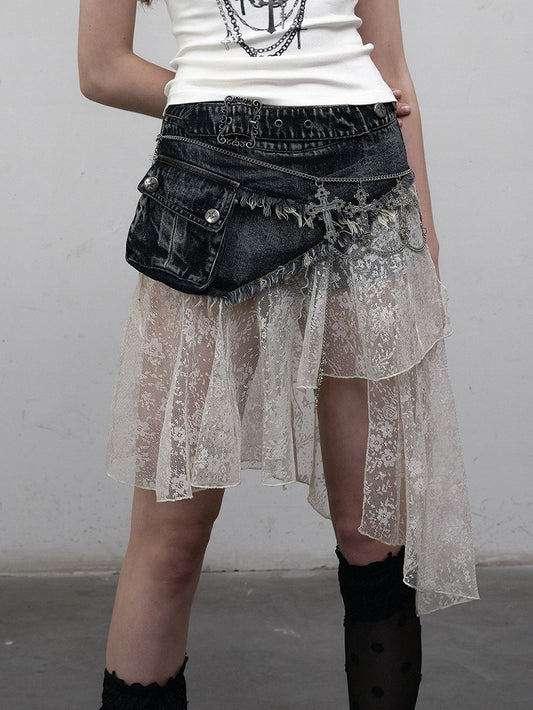 Punk Belt Distressed Adjustable with Hem Blue Denim Lace Asymmetric Skirt