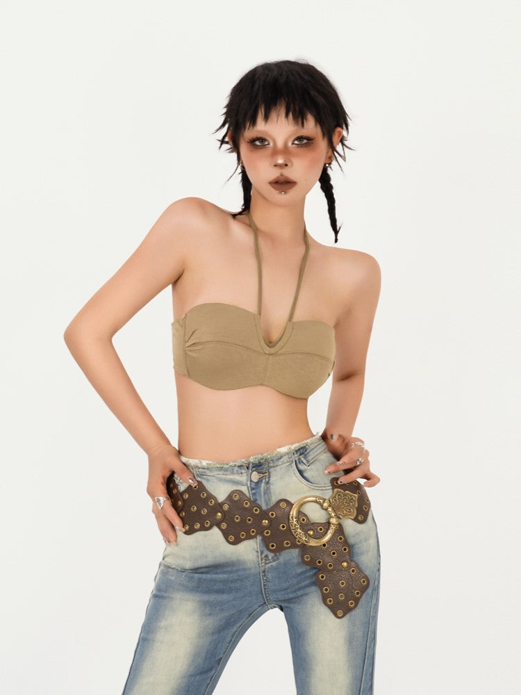 Bustier Sexy Design Anti-Slip Back Strapless Fit with Khaki Halter Neck Push-Up