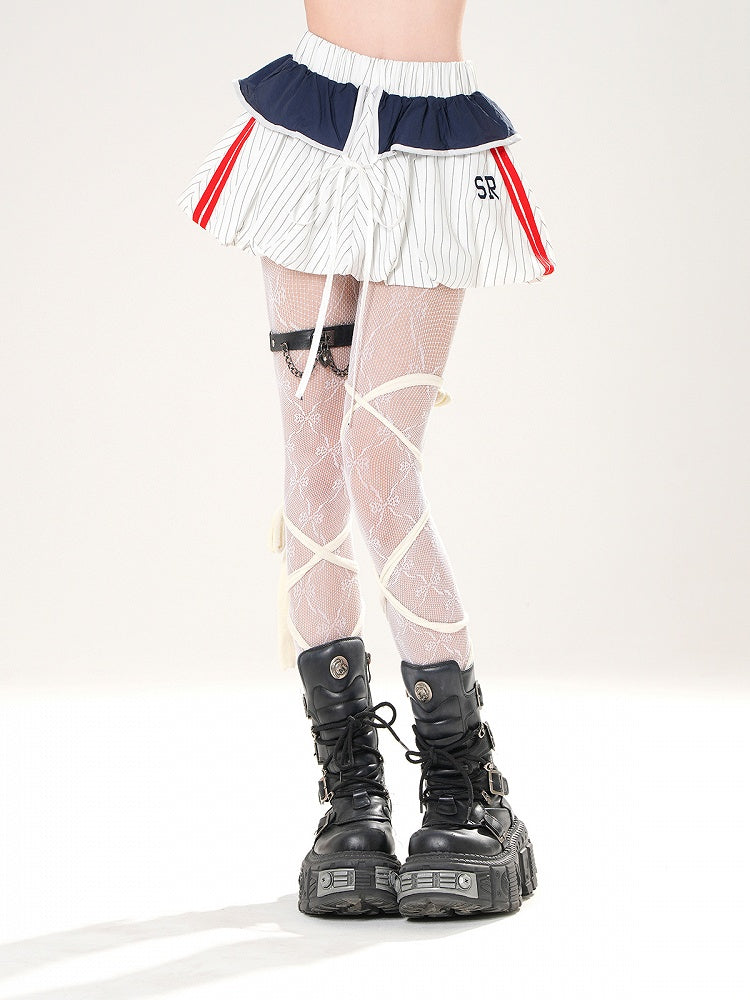 Foldover Design White Striped Bubble Skirt Self-tie