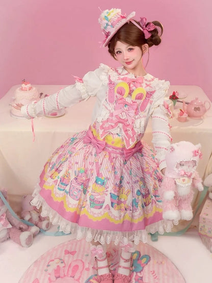 Bunny Cupcake Sweet Lolita Yellow Pink and Dress Overall Print