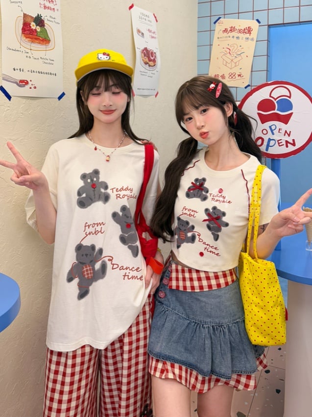 T-Shirt Short/Long White Round Neck Bear Print Version