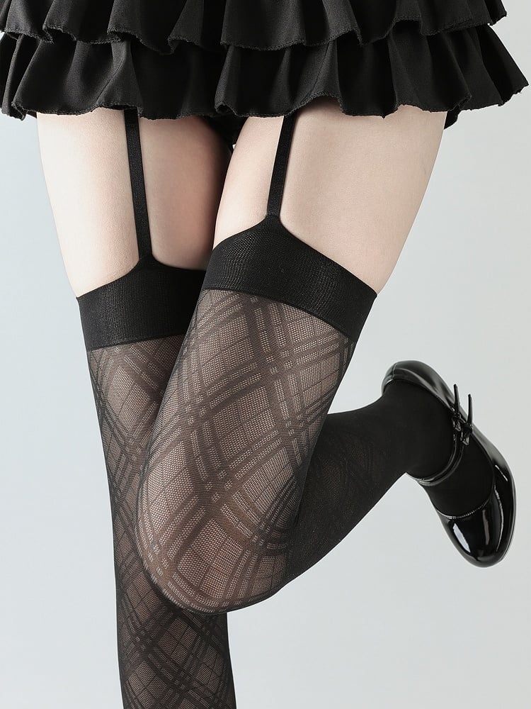 Black Suspender Stockings Plaid Diamond Pattern