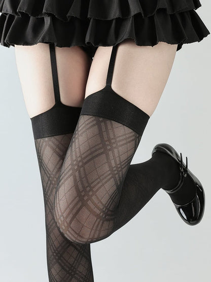 Black Suspender Stockings Plaid Diamond Pattern