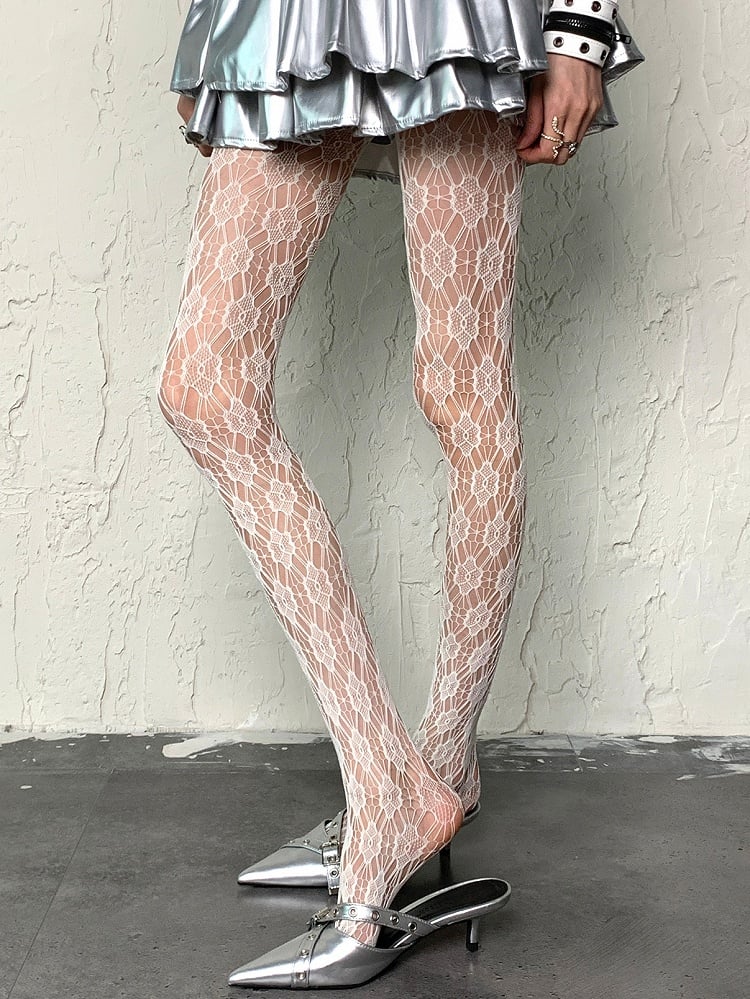 Floral Design Cut-out White Pattern Tights Y2K