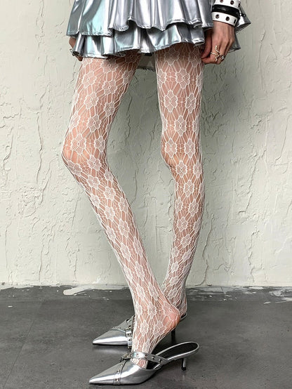 Floral Design Cut-out White Pattern Tights Y2K