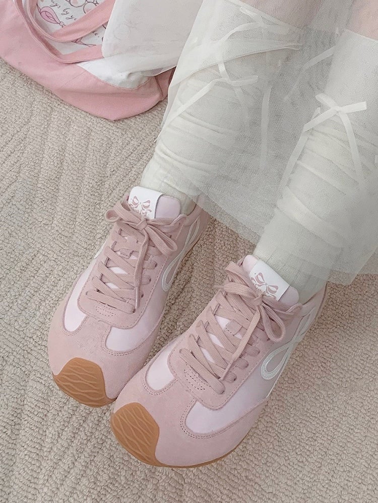 Ties Design Sneakers Pink Bowknot Lace-up Front