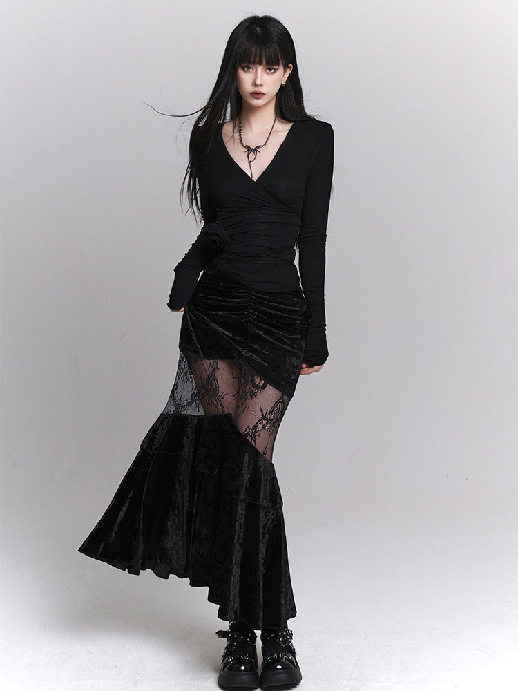 Gothic Black Velvet Contrast Lace Patches Ruched Design Mermaid Skirt