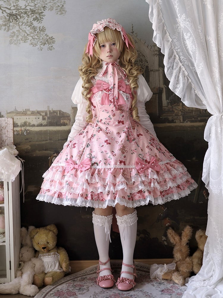 Trim Pink Floral Sweet Dress Lace Bow Lolita Accents Bunny and with Print
