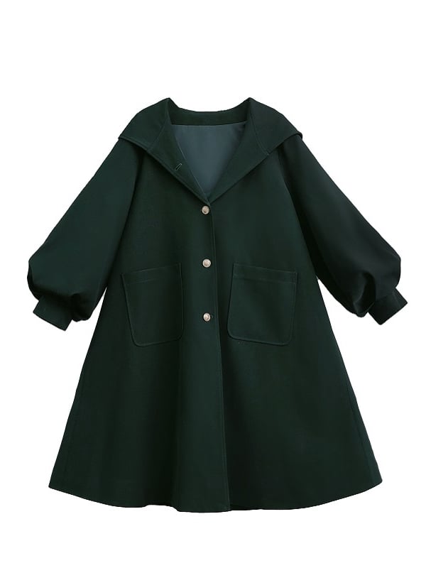 Grüner adretter Mantel mit Ballonärmeln und Kapuze