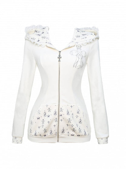 Hoodie Design Print Long - Bunny-Ear Cross Sleeve Trim White Lace