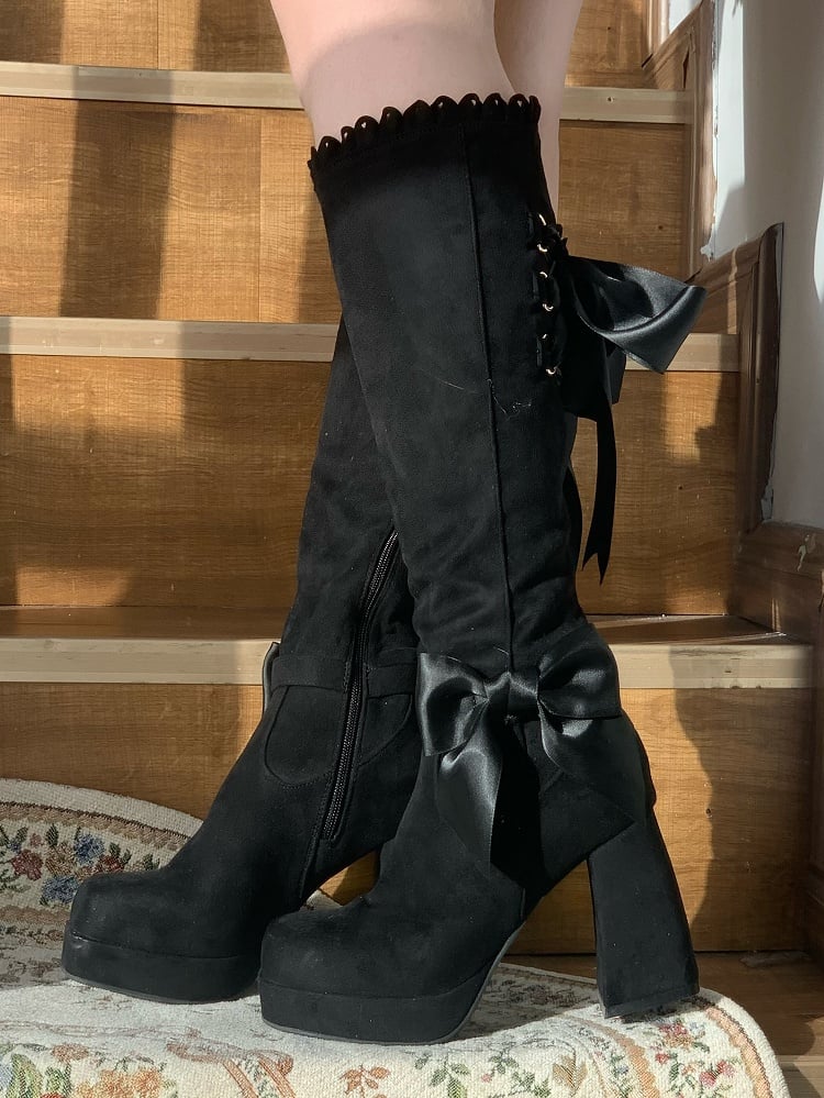 Boots Bow Accents High Heel Zipper Suede Black Inner Block Side with Elegant Lolita