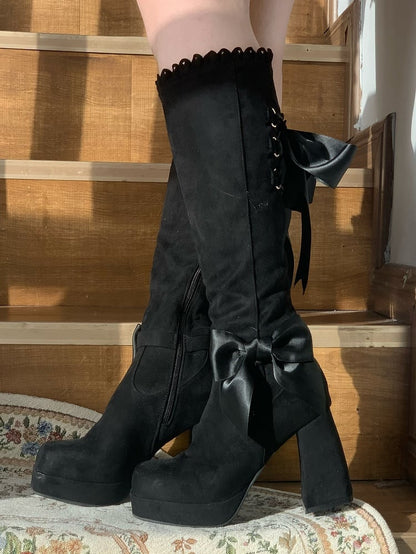 Boots Bow Accents High Heel Zipper Suede Black Inner Block Side with Elegant Lolita