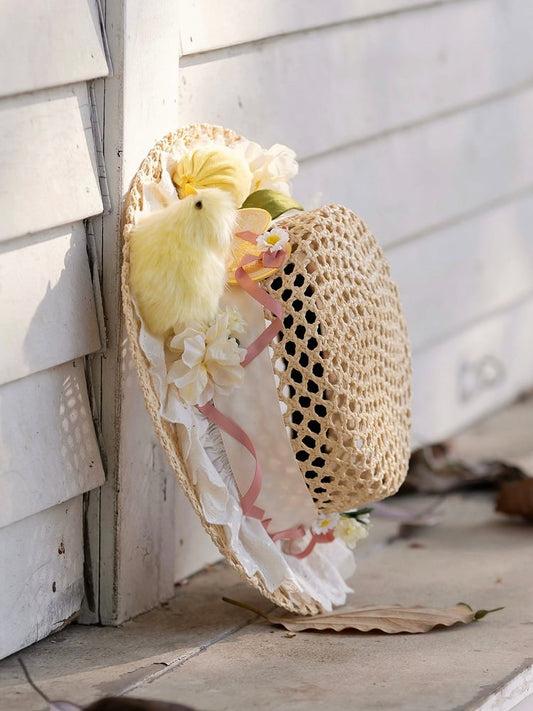 Plush Chick with Hat Flowers and Out Hallow Straw Adorned