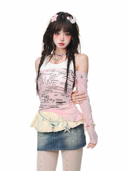 Pink Print Two-Piece Faux Design Top Sheer - Text Handwritten