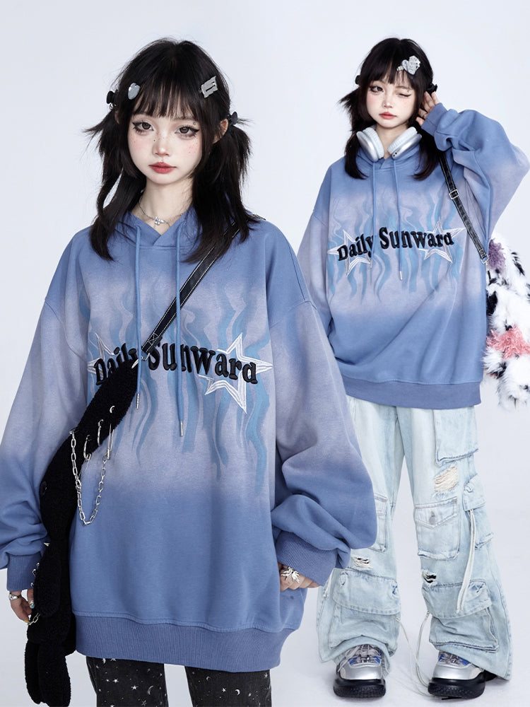 Retro Vintage Hoodie Blue Embroidery with Hood Gradient Fall Drawstring Star Lettering
