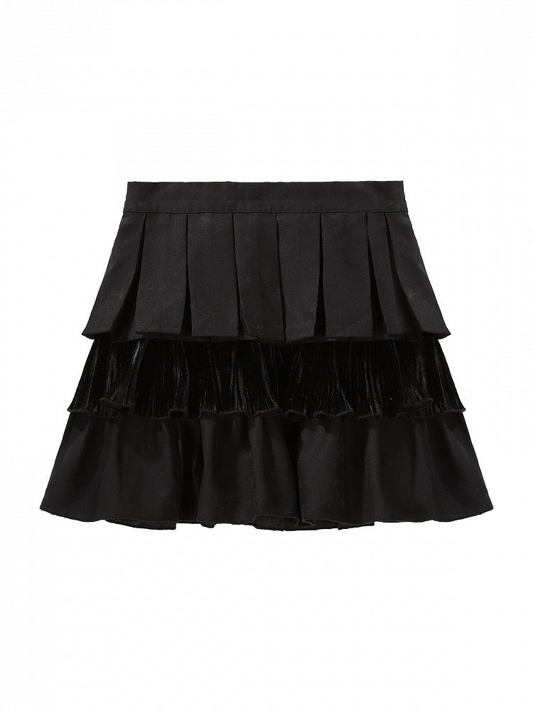 Dark Black Velvet Layered Ruffle Lolita Skirt - Unknown Star