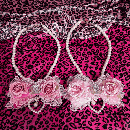 with Rhinestones Gyaru in Bead Crown Rose /White Hime Necklace Pink/Rose Red
