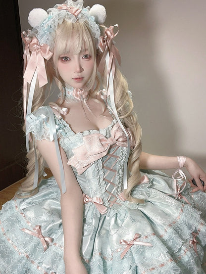Lace Jacquard with Green Dress Princess Bow Lolita Details Multi-Layered