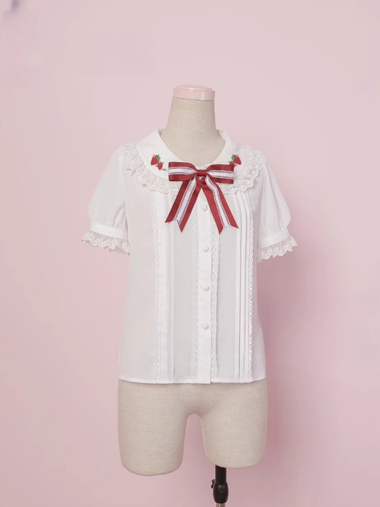 フリルピーターパンカラーの蝶結び、甘いイチゴ柄の赤と白のロリータブラウス