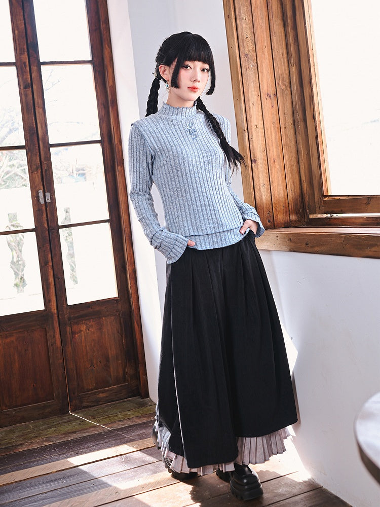 Camellia Blue Double-Layer Top Fitted Cheongsam with Hem Oriole Embroidery