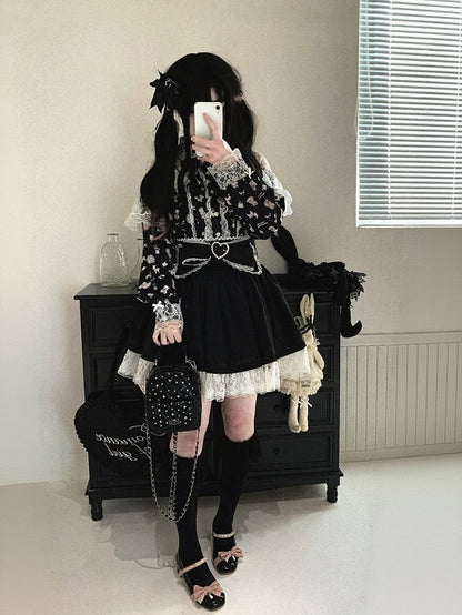 Bow Decorated Skirt with Lace Trim, Jirai Style, 4 Colors - Kitty Bxllet