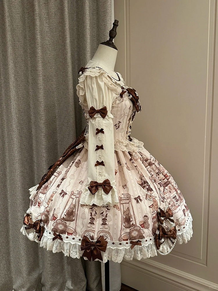 Sweet Brown Little Dress Lace Lolita Bear JSK Flutter with Sleeves Print Beige Details Workshop