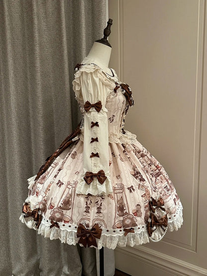 Sweet Brown Little Dress Lace Lolita Bear JSK Flutter with Sleeves Print Beige Details Workshop