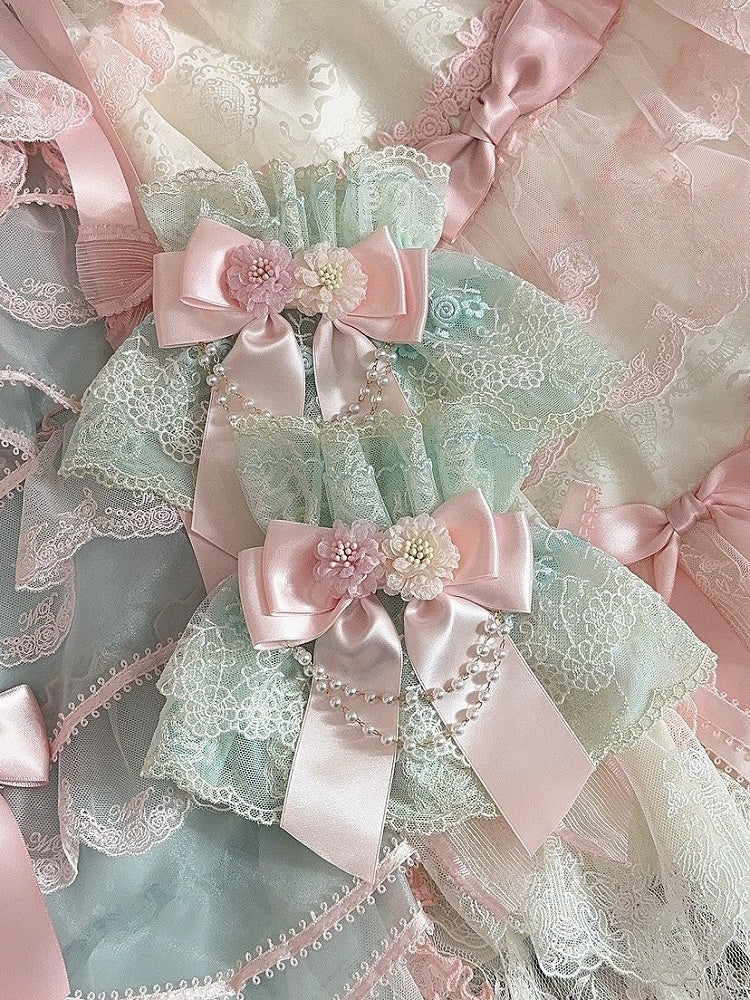 Bowknot Cuffs Floral Charm Design Wrist Beaded GreenPink