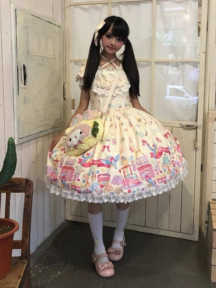 Yellow Halter Puff Sleeve Lolita OP Full Set with Dessert and Bird Print, Hairband, Baby Hat, Wrist Cuffs and Bow Hair Clip - Good Night Meow